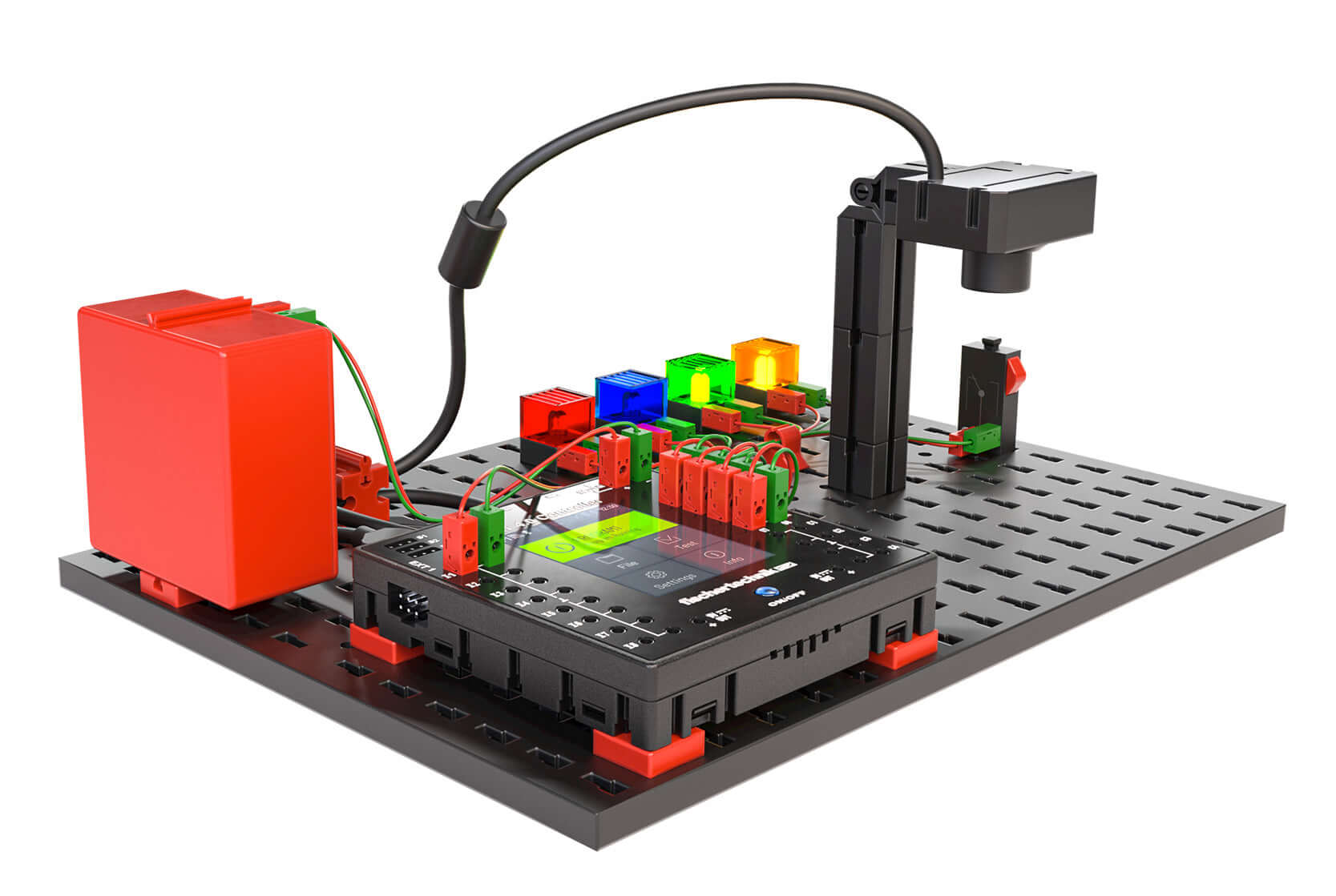 STEM coding kit featuring a modular design with colorful lights and sensors for AI exploration.