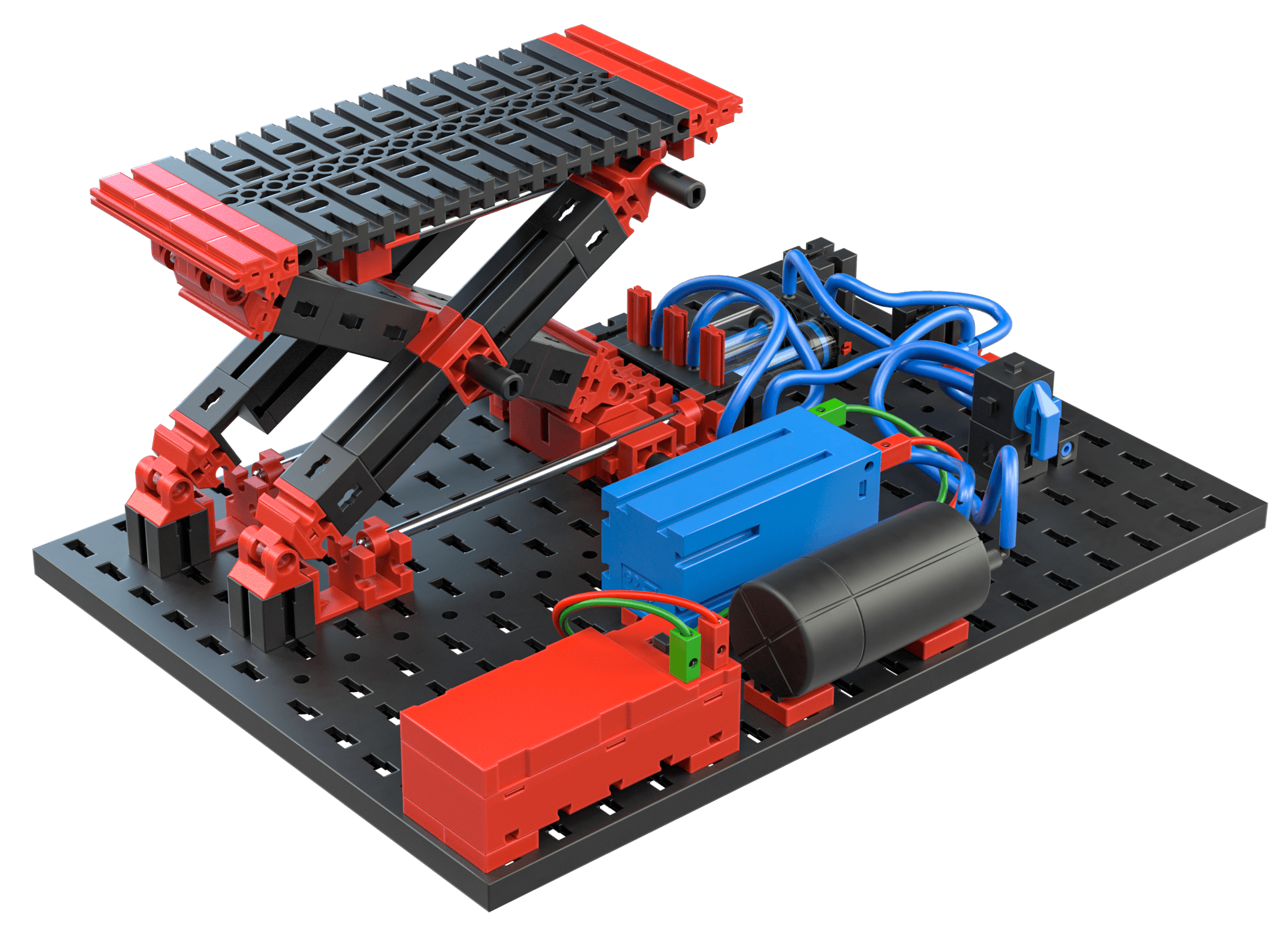 STEM Pneumatics model showcasing a mechanical lift system with tubes, motors, and colorful components for educational purposes.