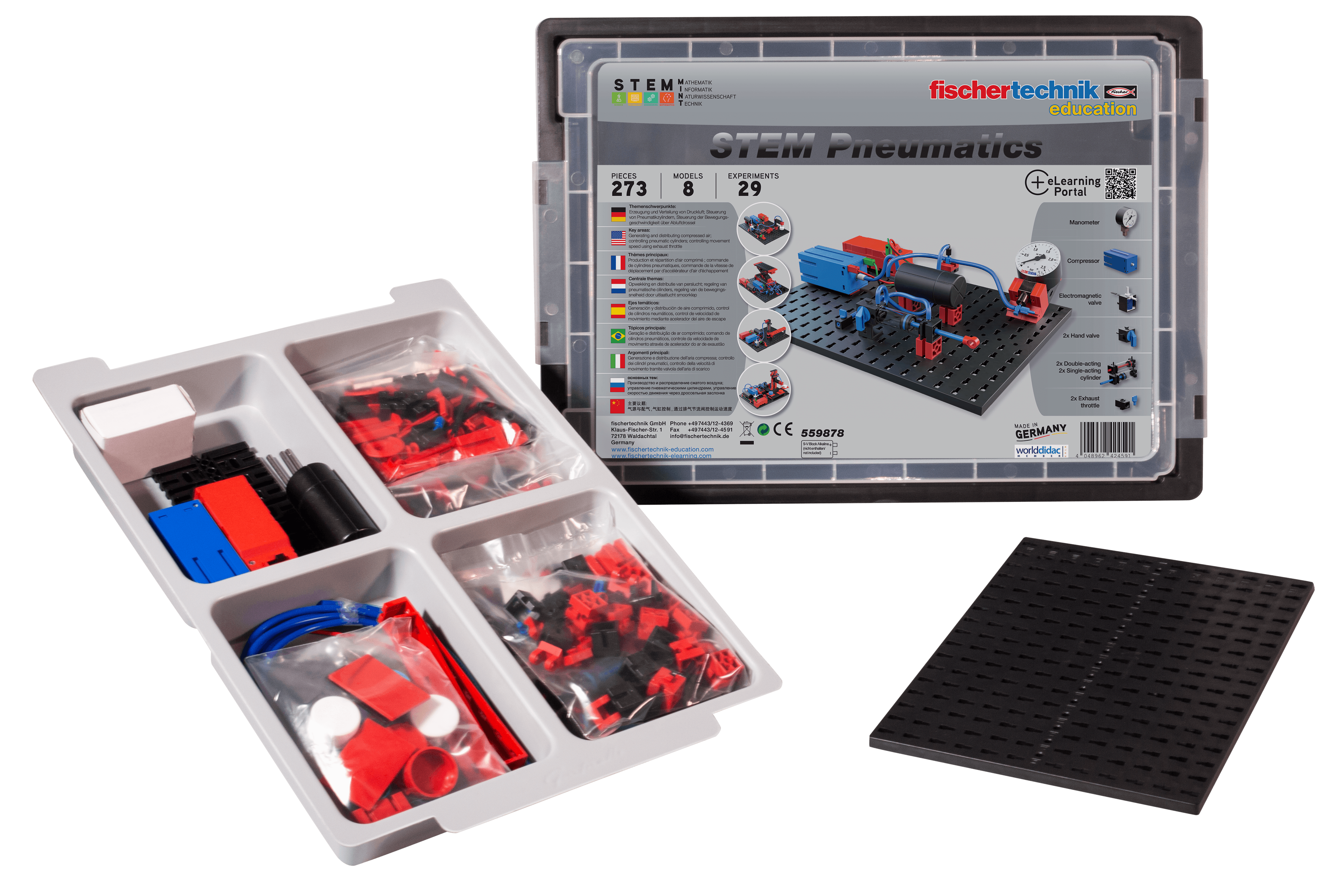 STEM Pneumatics educational kit with parts and instructions for understanding sustainable pneumatics.