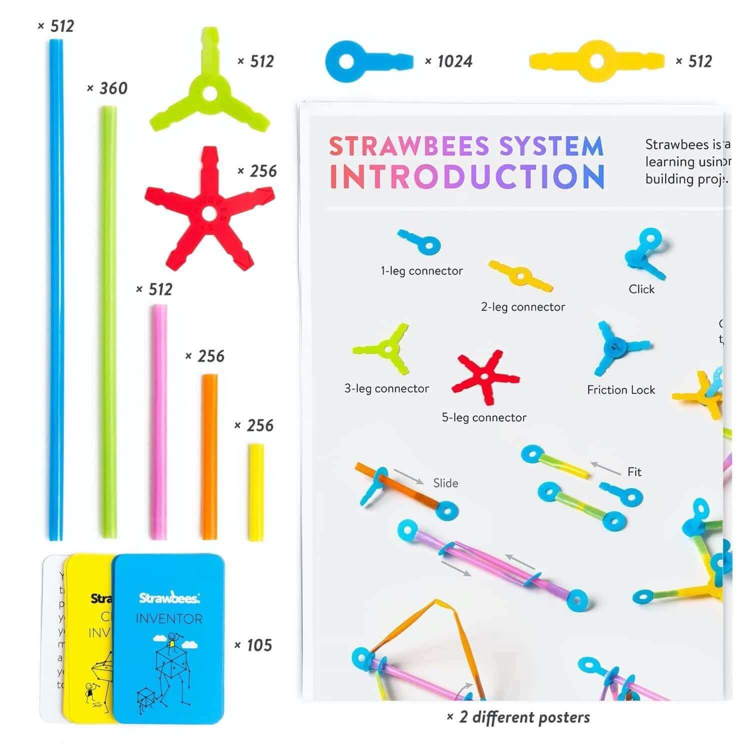 Colorful Strawbees connectors, straws, and instructional posters for STEAM education and creative building projects.
