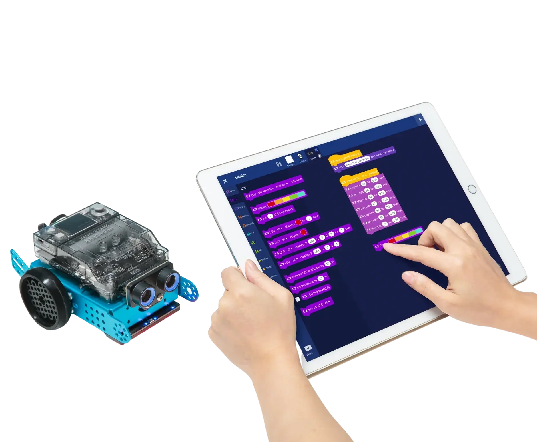 Person programming a robotic car using a tablet, showcasing educational coding and robotics learning.