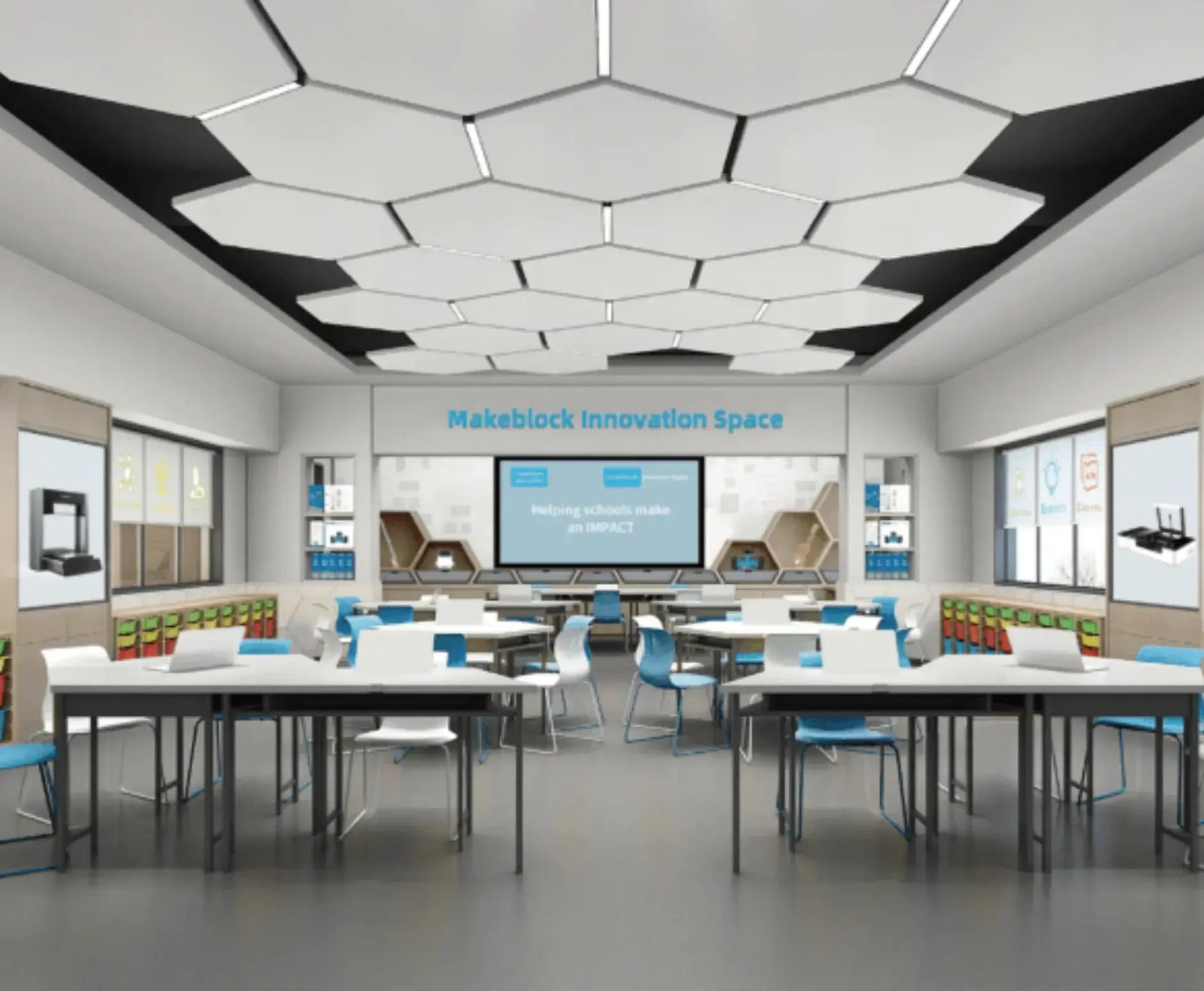 Modern classroom design featuring hexagonal ceiling, tables, and Makeblock Innovation Space display.