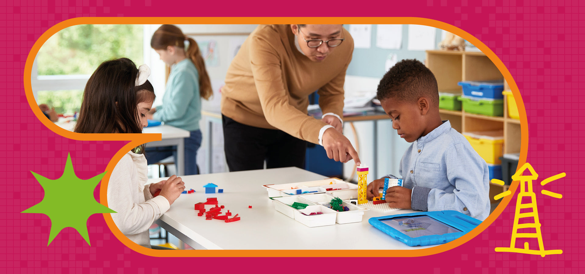 Teacher guiding children in a STEAM learning activity, enhancing their creativity and skills.