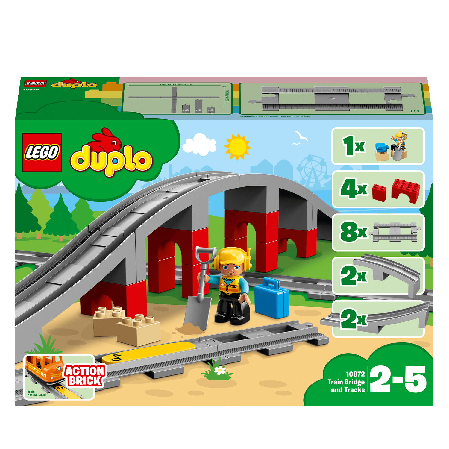 LEGO DUPLO Town Train Bridge and Tracks Set 10872 with bricks, tracks, and a construction worker figure for ages 2-5.