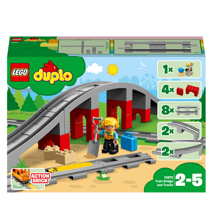 LEGO DUPLO Town Train Bridge and Tracks Set 10872 with bricks, tracks, and a construction worker figure for ages 2-5.