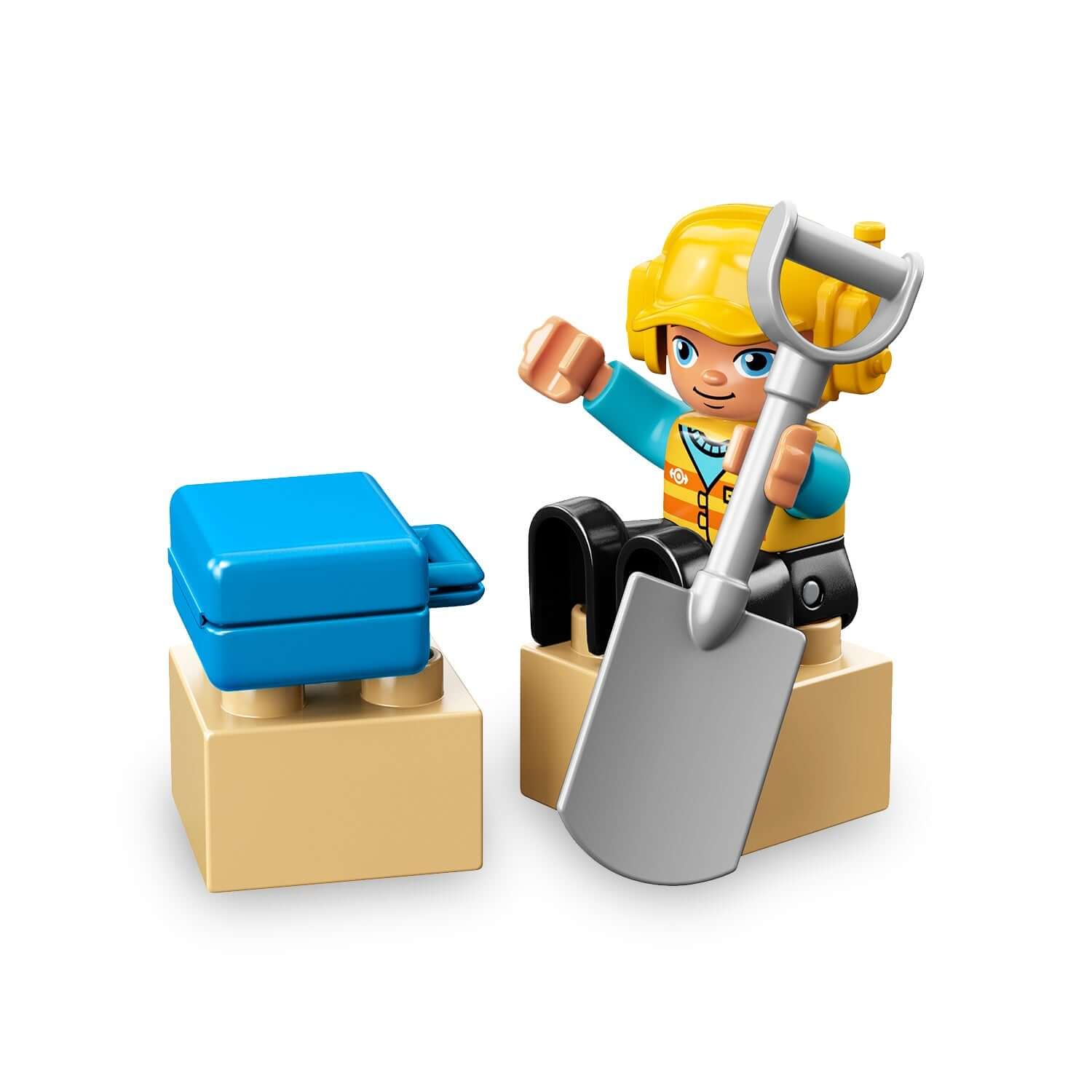 LEGO® DUPLO® girl figure with shovel, sitting on building blocks, part of the DUPLO® construction set.