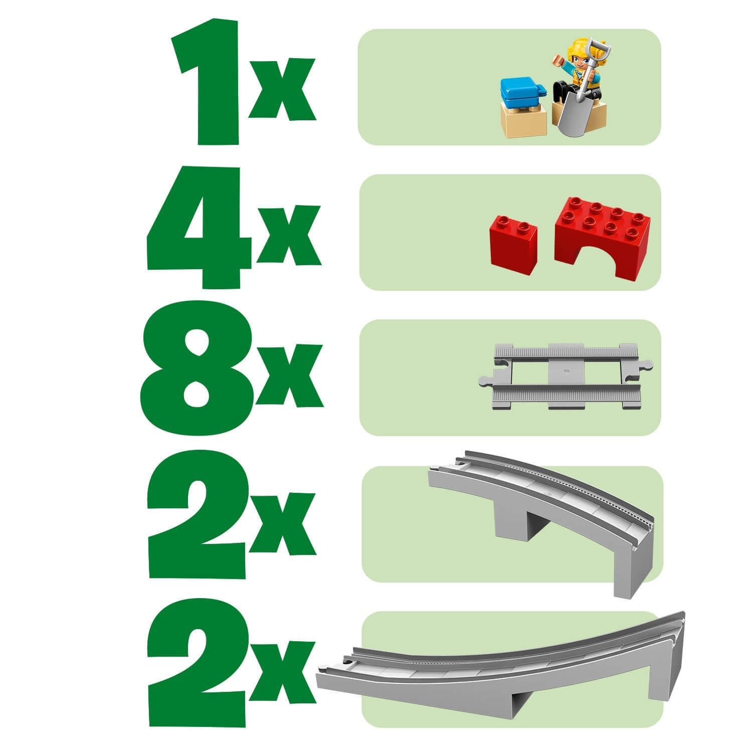 LEGO DUPLO Train Bridge and Tracks Set 10872 component list showing various track pieces and accessories.