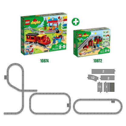 LEGO® DUPLO Town Train Bridge and Tracks Set 10872 with track pieces and train, designed for ages 2-5.