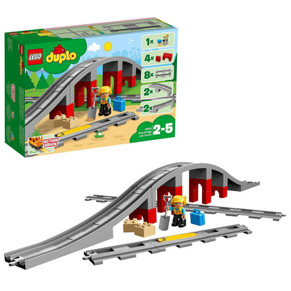 LEGO® DUPLO Town Train Bridge and Tracks Set 10872 with colorful packaging and playful track layout for kids aged 2-5.