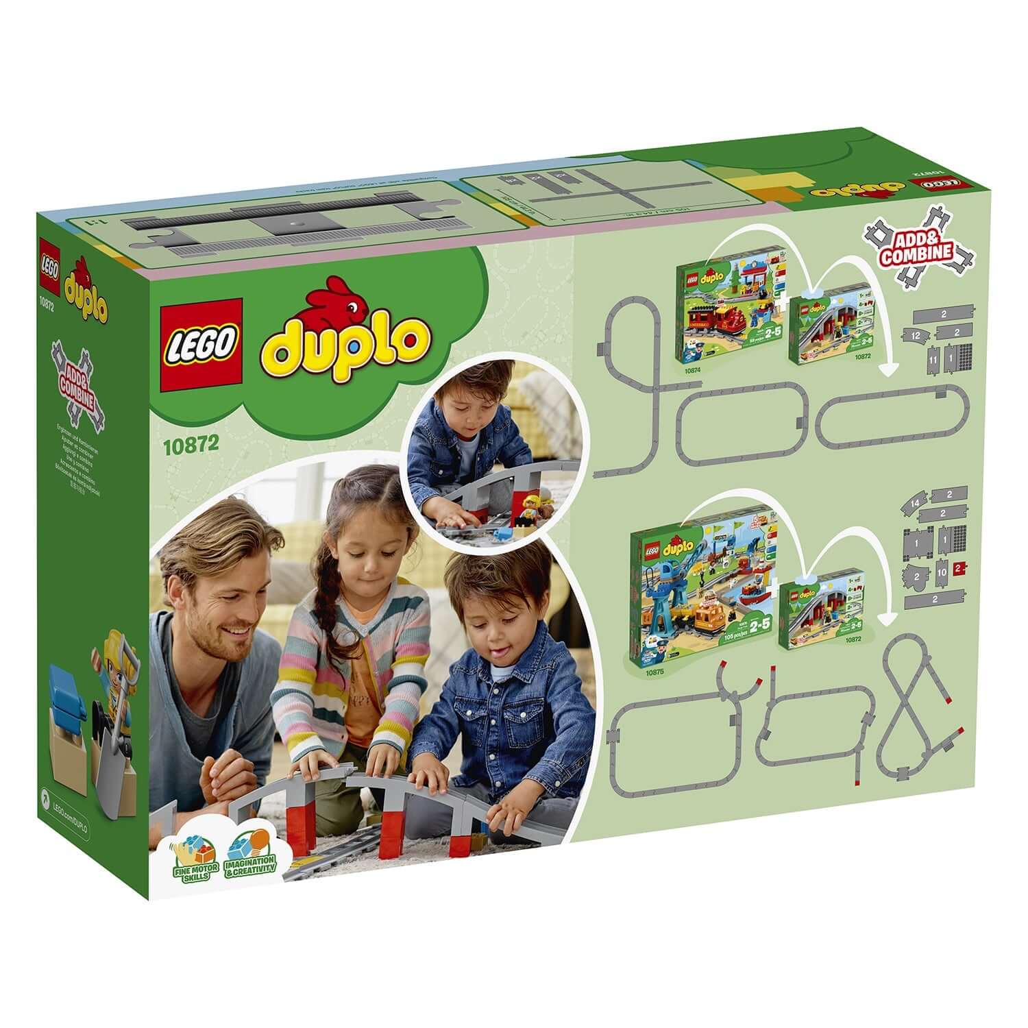 LEGO® DUPLO Town Train Bridge and Tracks Set 10872 box featuring children playing with train tracks and bridge components.