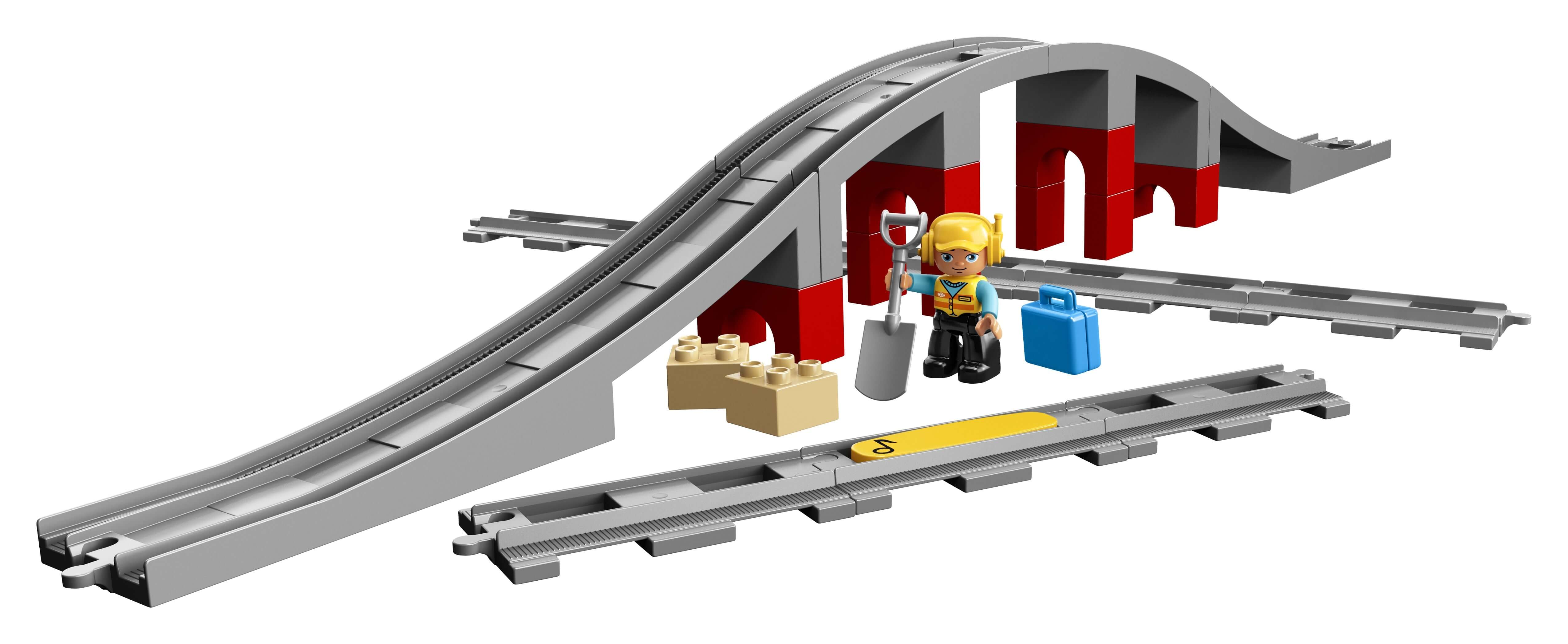 LEGO DUPLO Town Train Bridge and Tracks Set 10872 with curved bridge, tracks, and a mini figure.