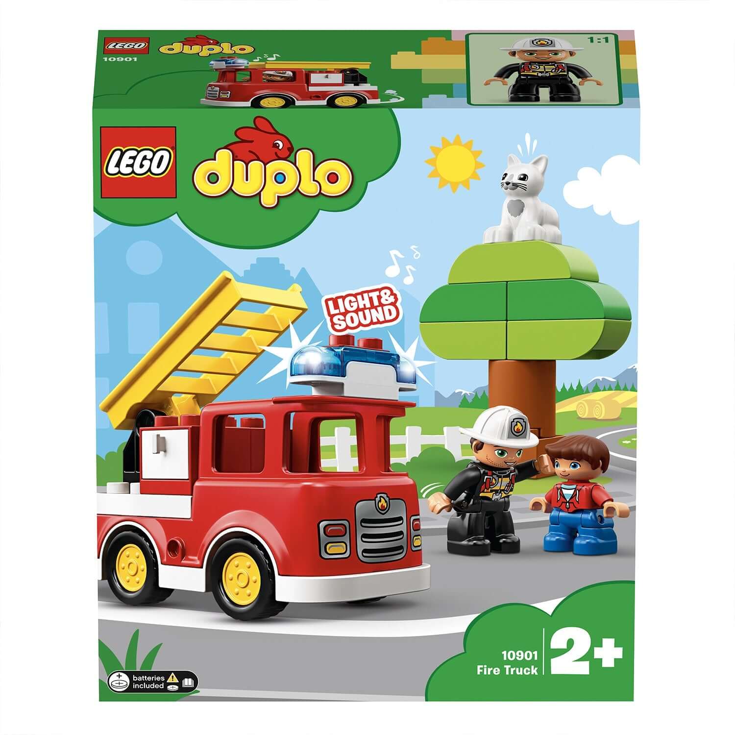 LEGO® DUPLO Town Fire Truck Building Set 10901 with light and sound features, firefighter, and cat in a tree.