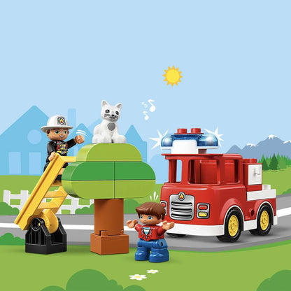 LEGO® DUPLO Town Fire Truck Set 10901 with firefighter, cat, and tree for toddler play.