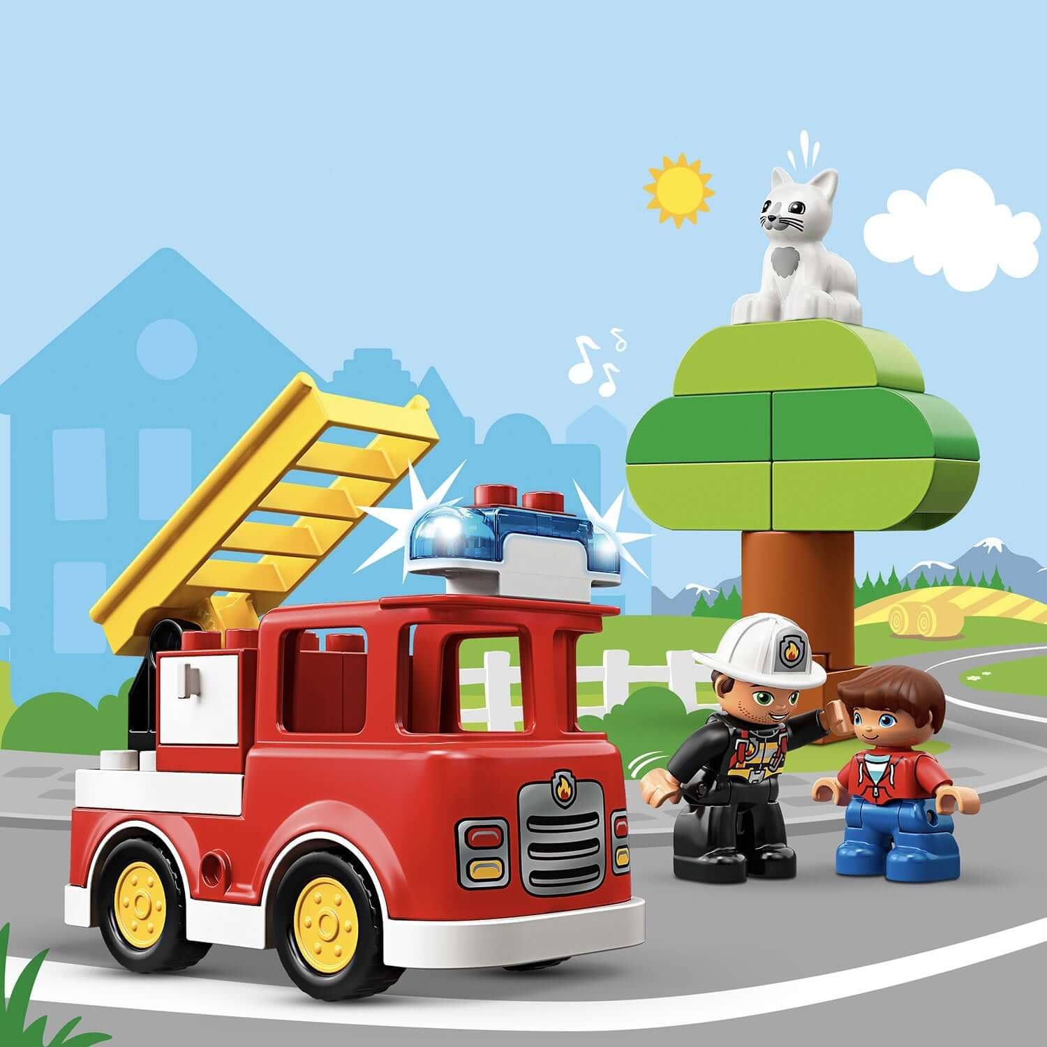 LEGO® DUPLO Town Fire Truck set with firefighter, child, and tree, perfect for toddler rescue play.
