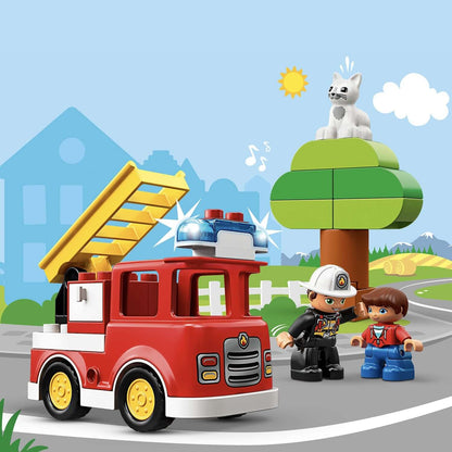 LEGO® DUPLO Town Fire Truck set with firefighter, child, and tree, perfect for toddler rescue play.