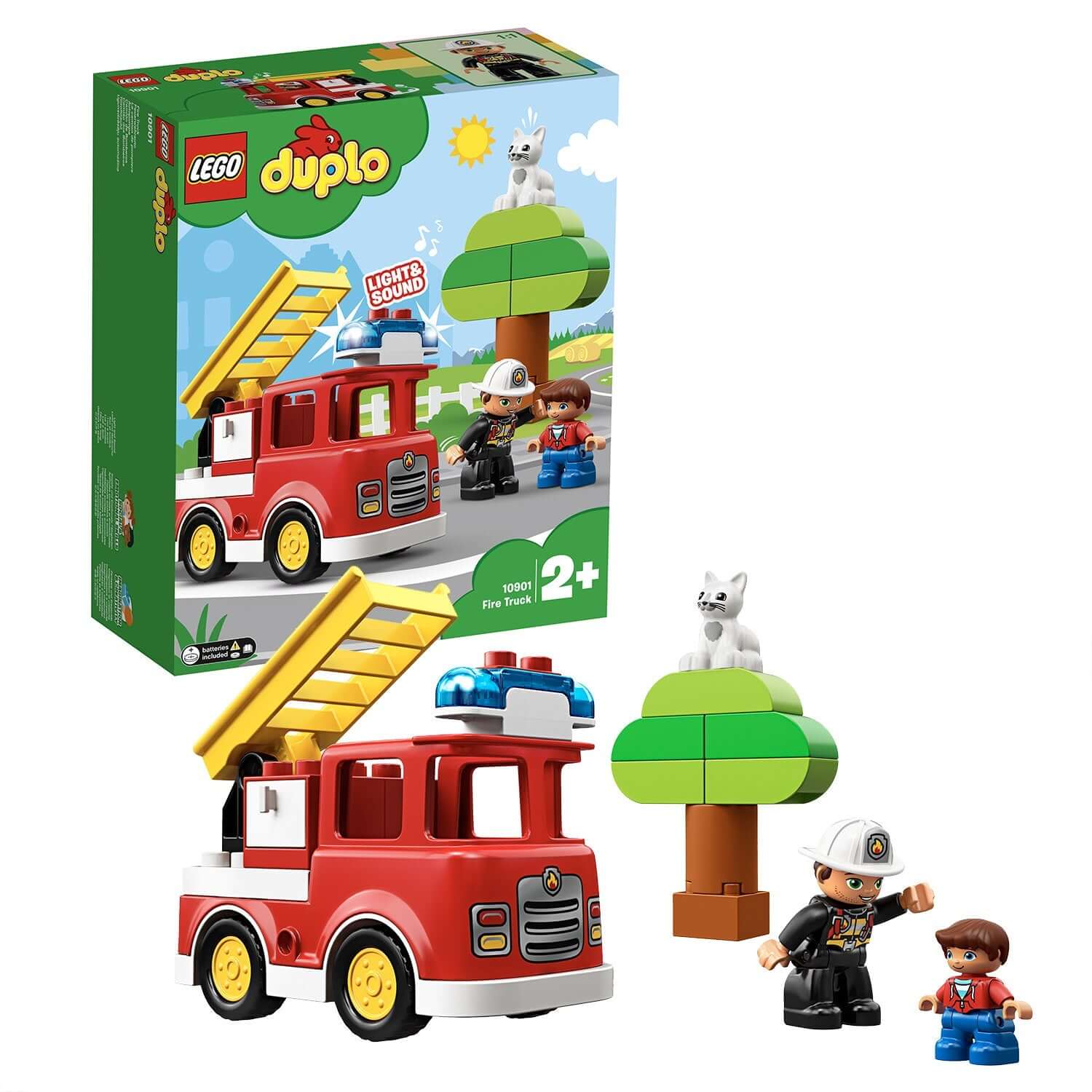 LEGO® DUPLO Town Fire Truck set 10901 with firefighter, child figure, cat, and buildable tree, perfect for toddlers.