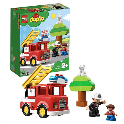 LEGO® DUPLO Town Fire Truck set 10901 with firefighter, child figure, cat, and buildable tree, perfect for toddlers.