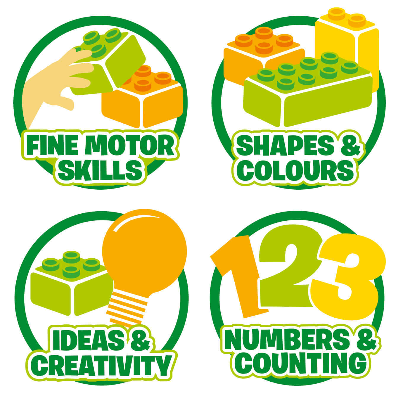 Icons depicting benefits of LEGO® play: fine motor skills, shapes & colors, ideas & creativity, numbers & counting.