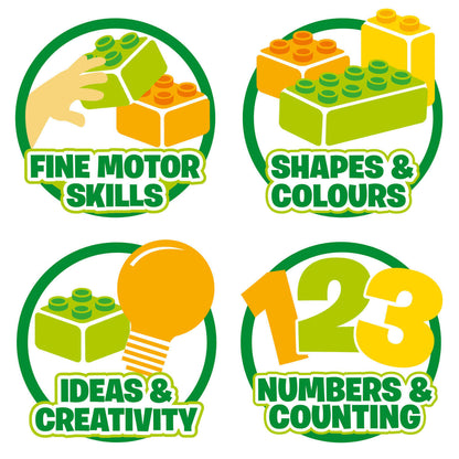 Icons depicting benefits of LEGO® play: fine motor skills, shapes & colors, ideas & creativity, numbers & counting.