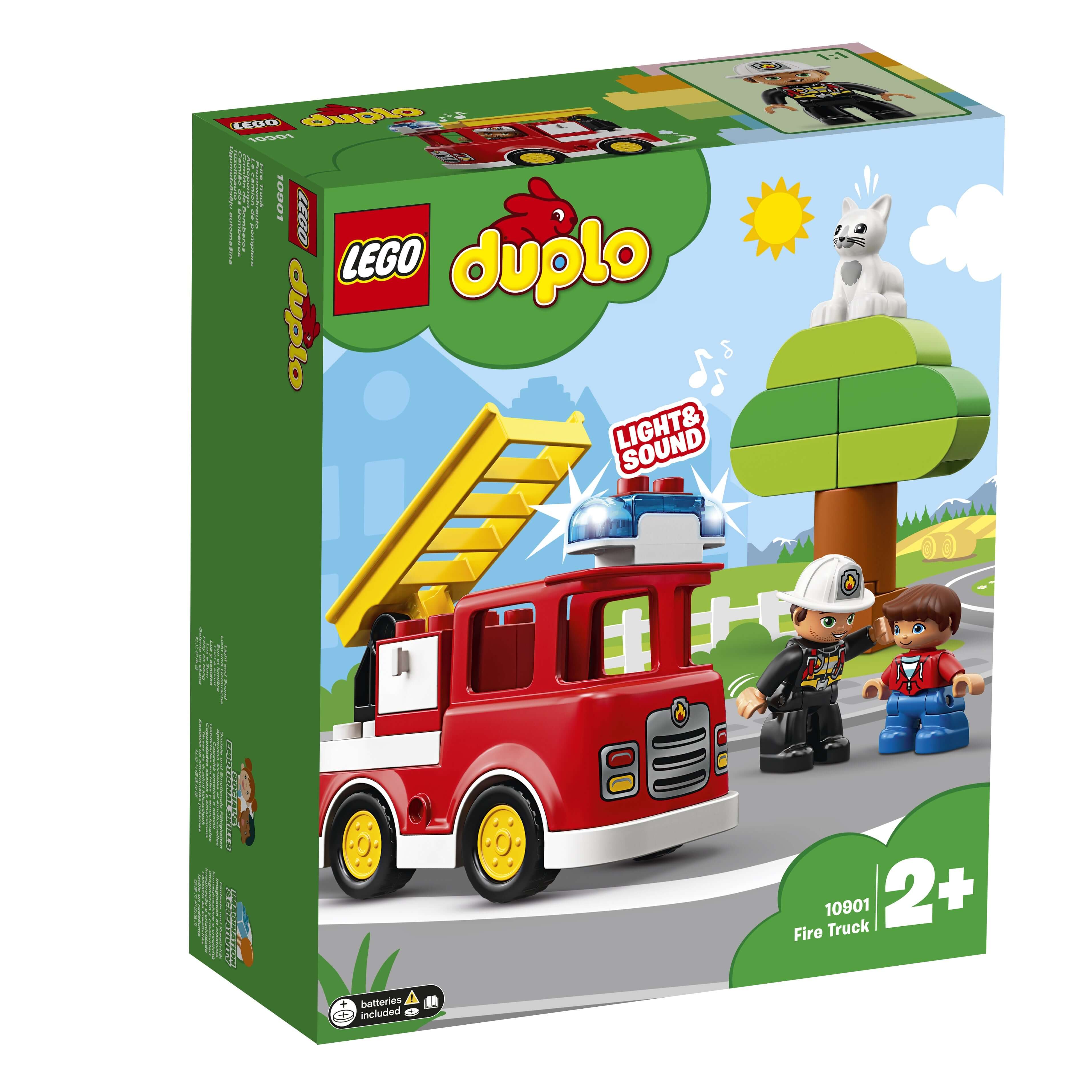 LEGO® DUPLO Town Fire Truck Building Set 10901 with firefighter, child, and buildable tree, featuring light and sound.