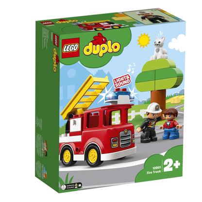LEGO® DUPLO Town Fire Truck Building Set 10901 with firefighter, child, and buildable tree, featuring light and sound.