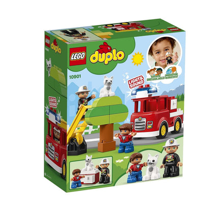 LEGO® DUPLO Town Fire Truck Building Set 10901 featuring firefighters, a rescue cat, and tree with light and sounds.