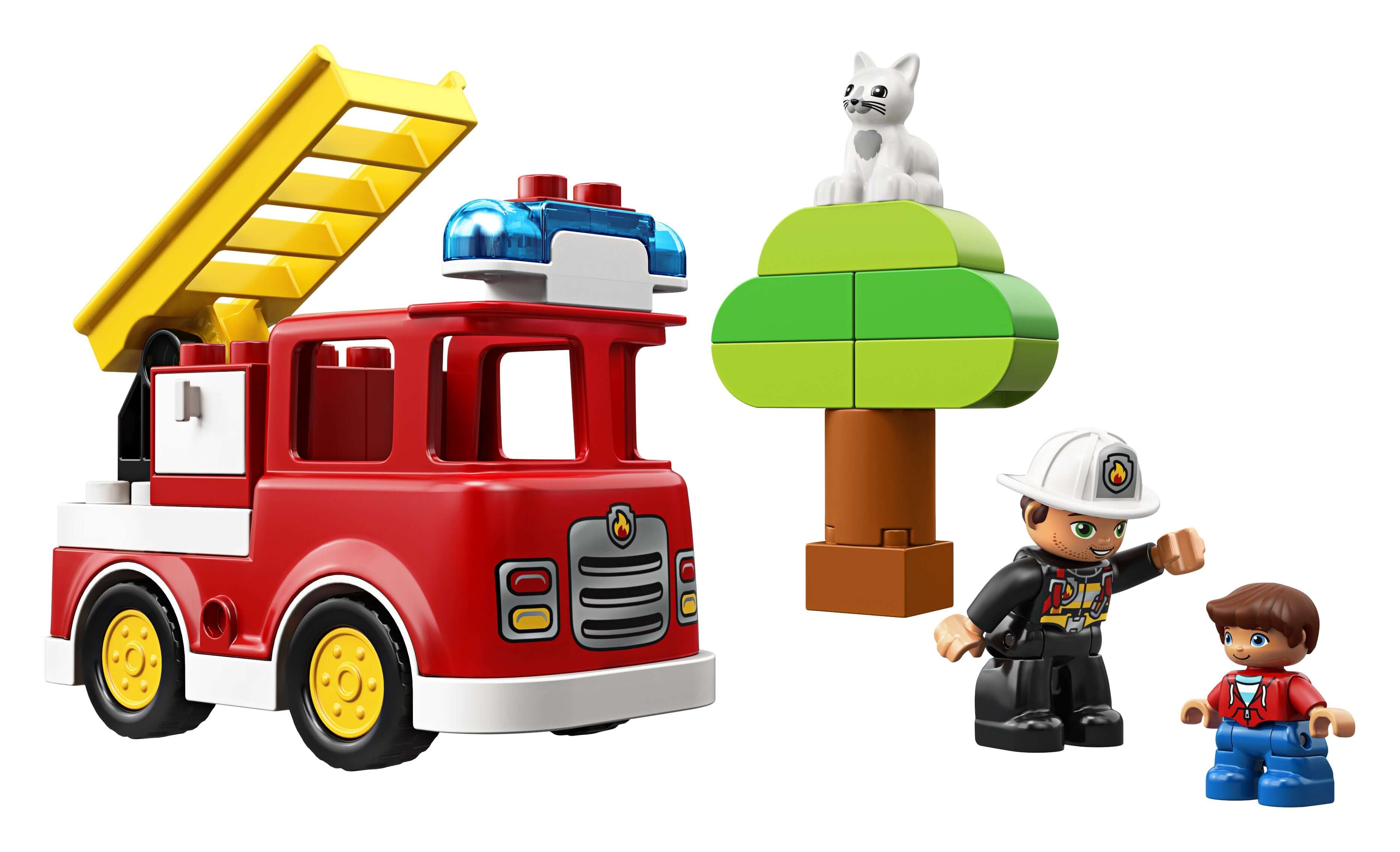 LEGO® DUPLO Town Fire Truck set featuring a fire truck, firefighter, child, tree, and cat for toddlers' imaginative play.