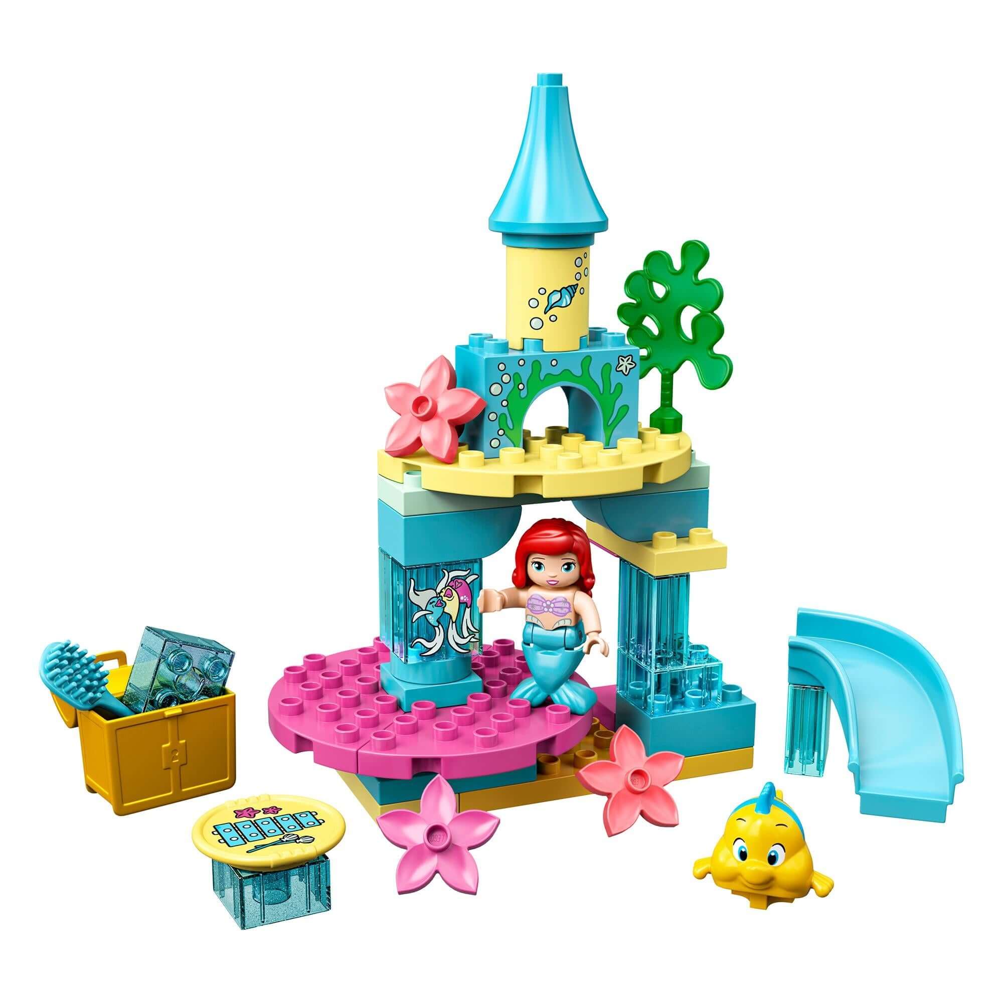 LEGO DUPLO Princess Ariel Undersea Castle Set 10922 featuring Ariel, Flounder, and colorful building pieces for imaginative play.