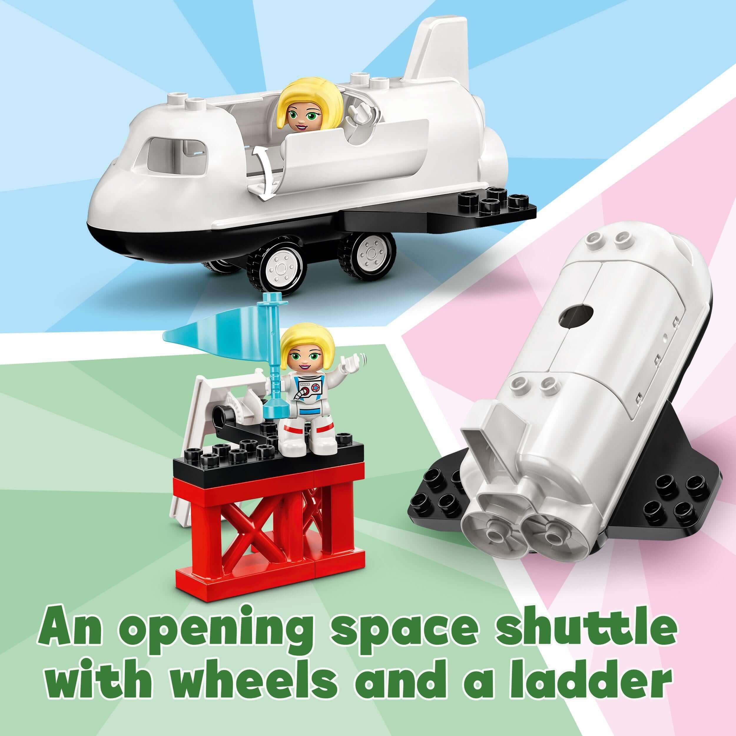 LEGO DUPLO Space Shuttle Mission Set featuring an opening space shuttle, astronaut, and accessories for imaginative play.