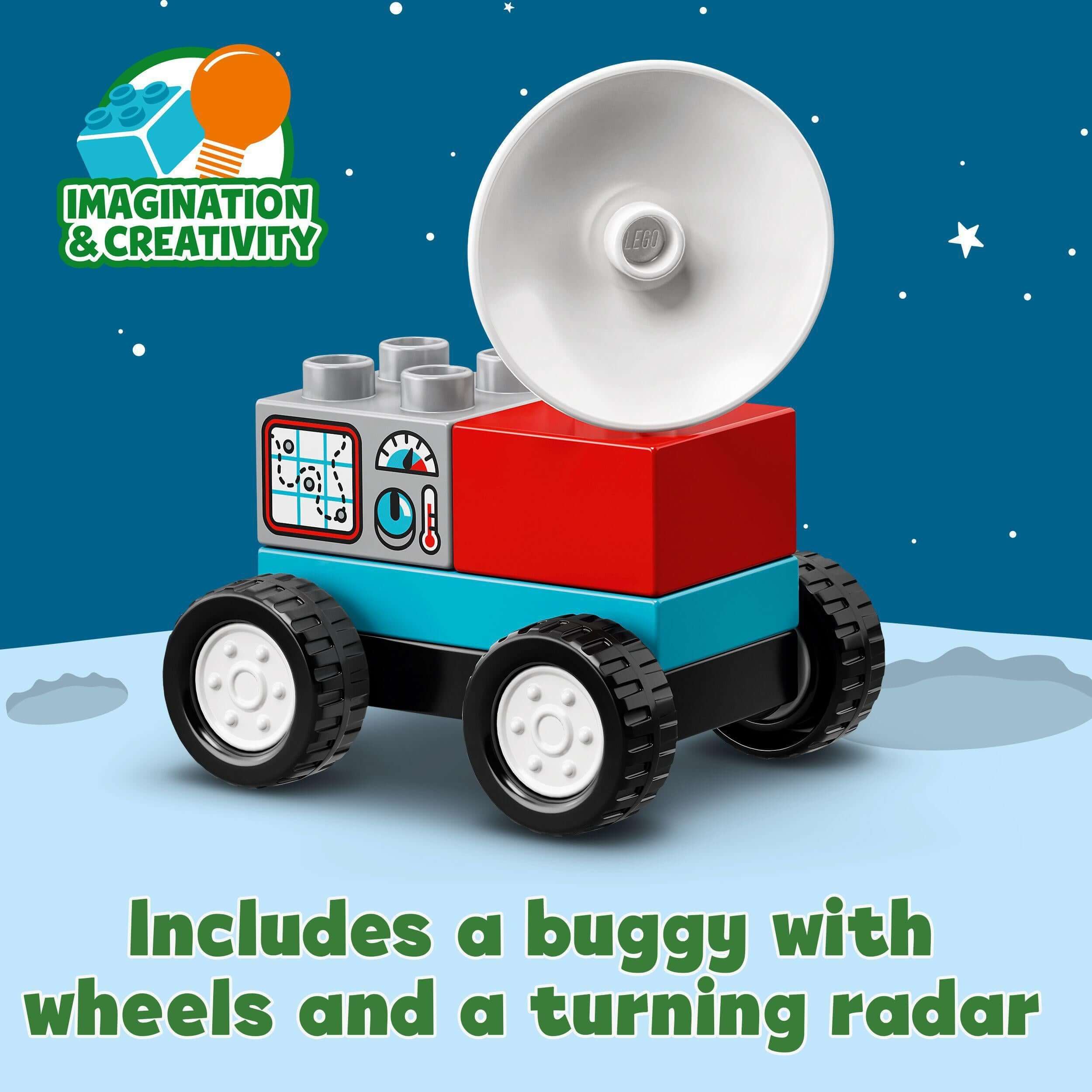 LEGO® DUPLO buggy with wheels and turning radar for imaginative play in space missions.