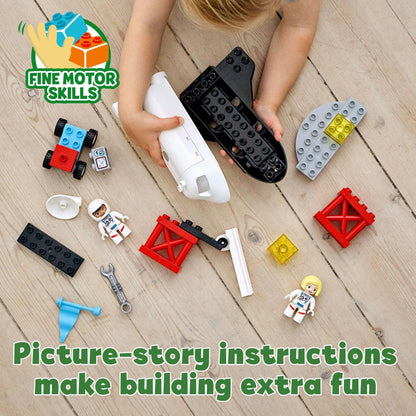 Children building with LEGO® DUPLO Space Shuttle set, featuring fun, colorful pieces and character instructions for motor skills.