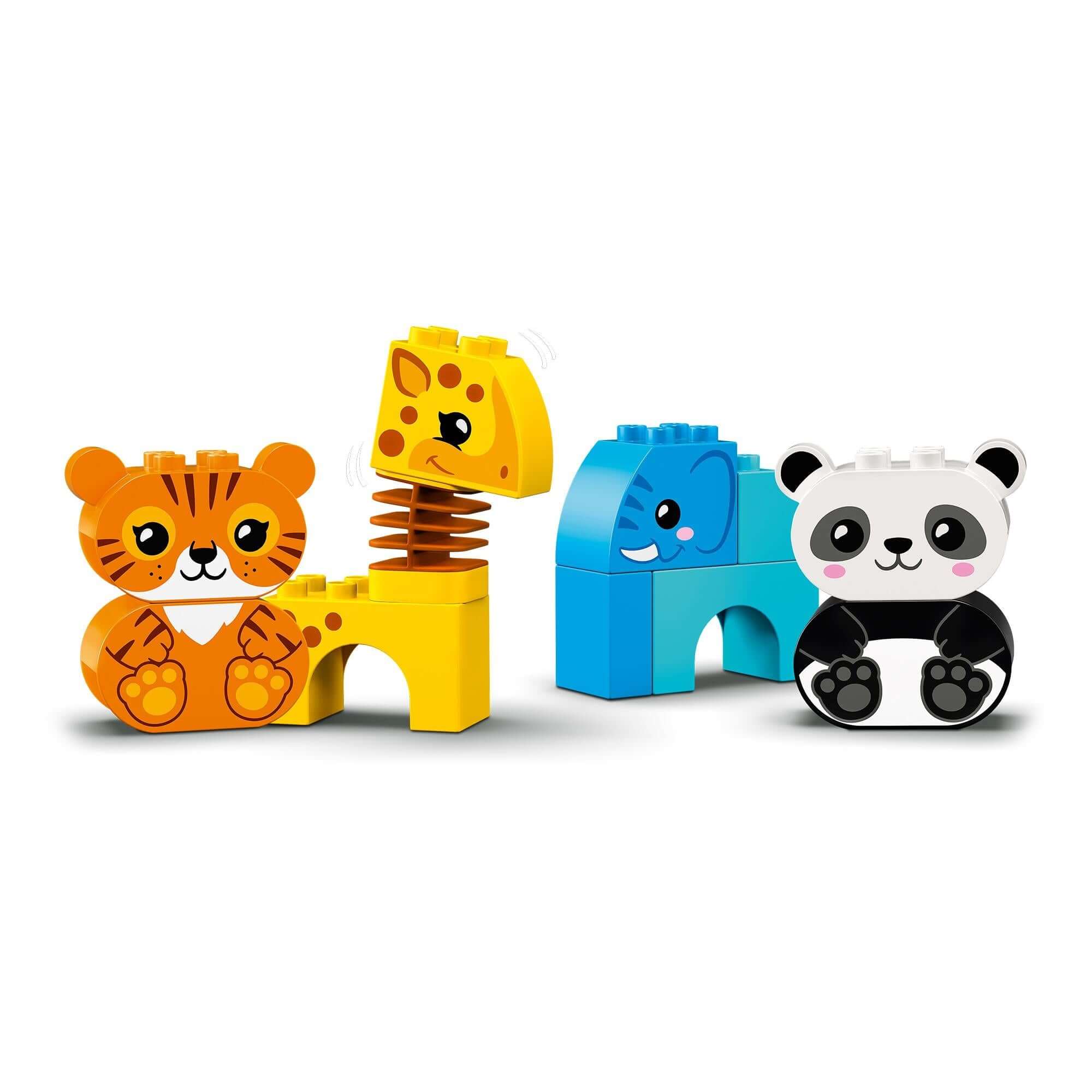 LEGO DUPLO My First Animal Train Toy 10955 featuring colorful animal blocks: tiger, giraffe, elephant, and panda.