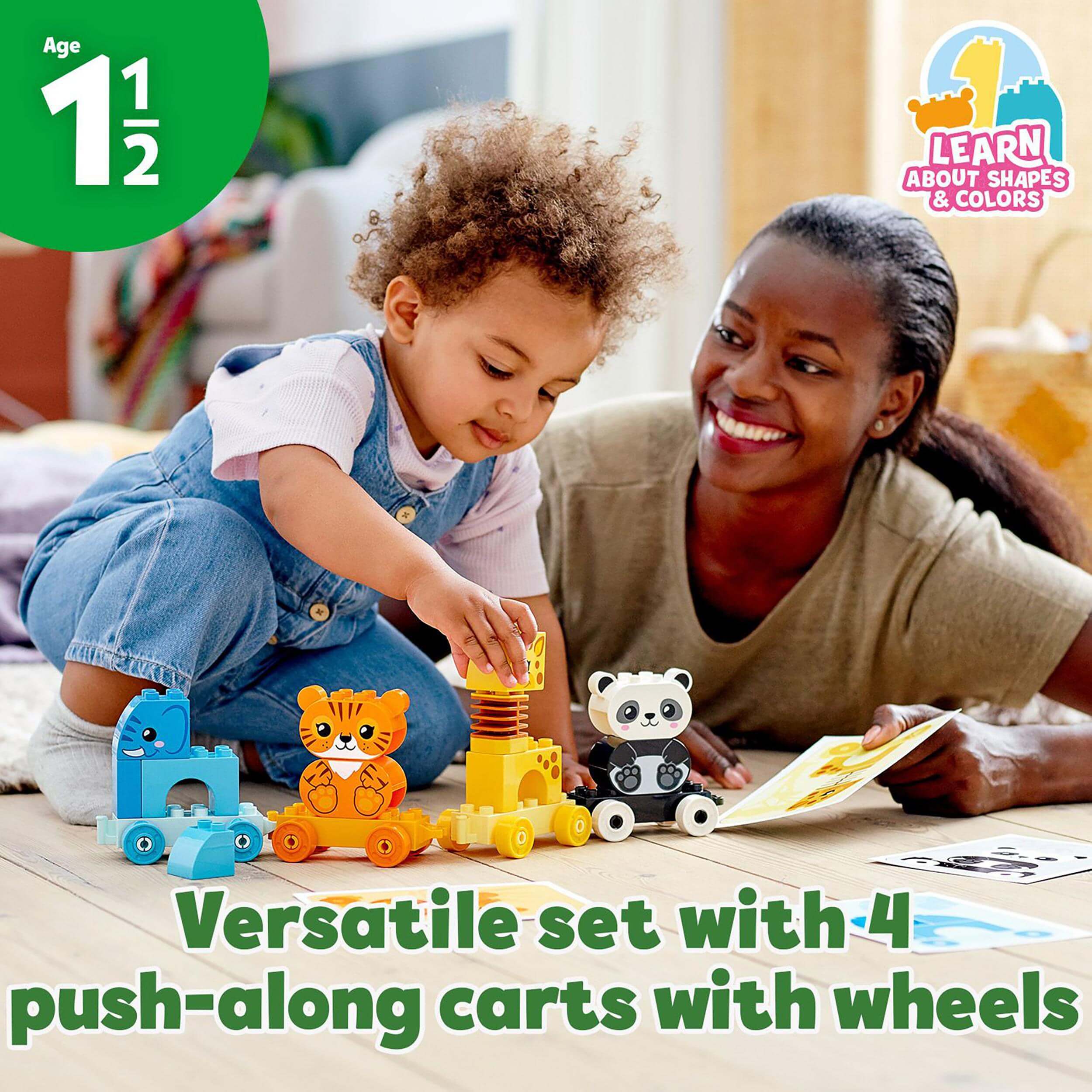 Toddler playing with colorful push-along animal carts, promoting learning about shapes and colors.