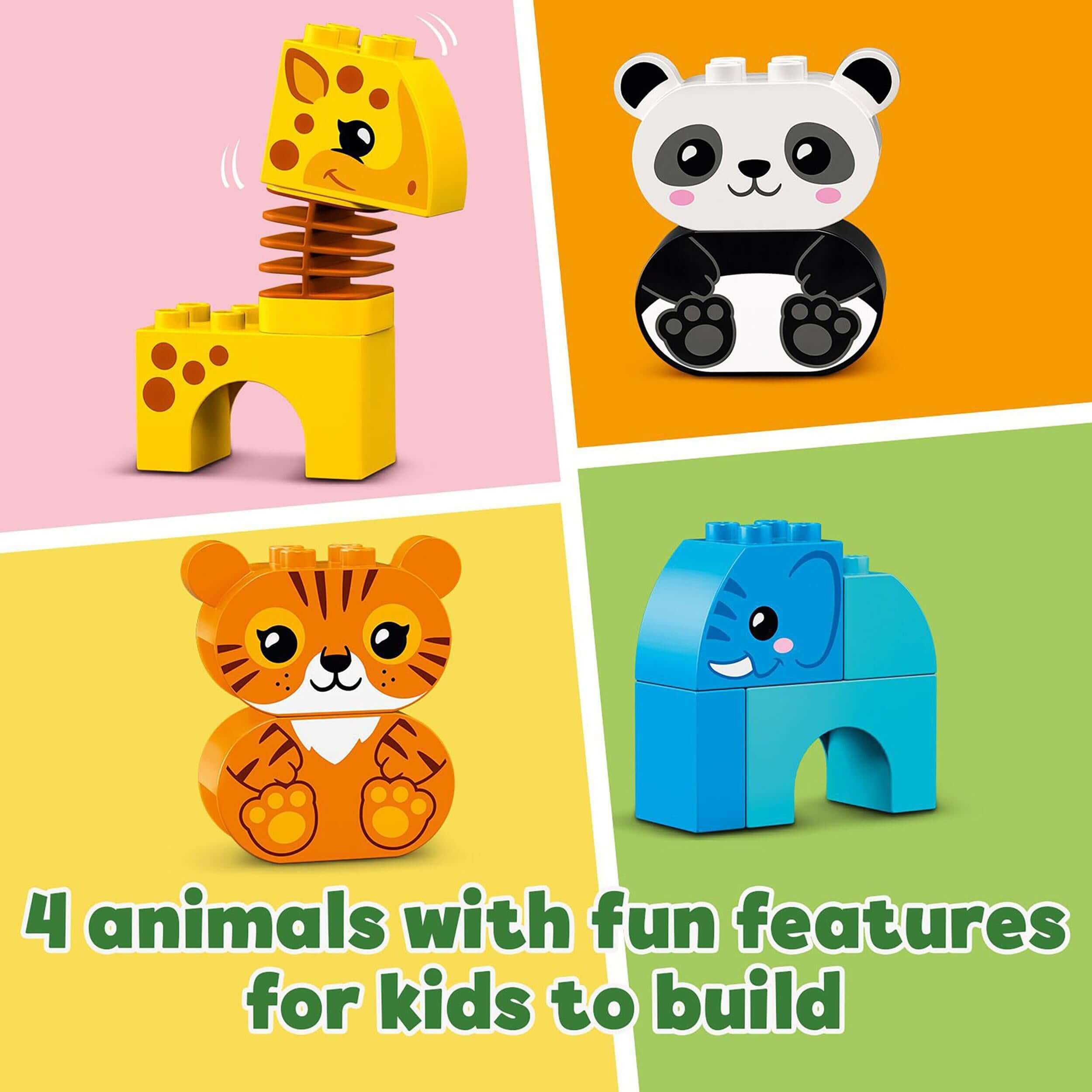 Four colorful LEGO DUPLO animal figures with fun features for toddlers to build and play.