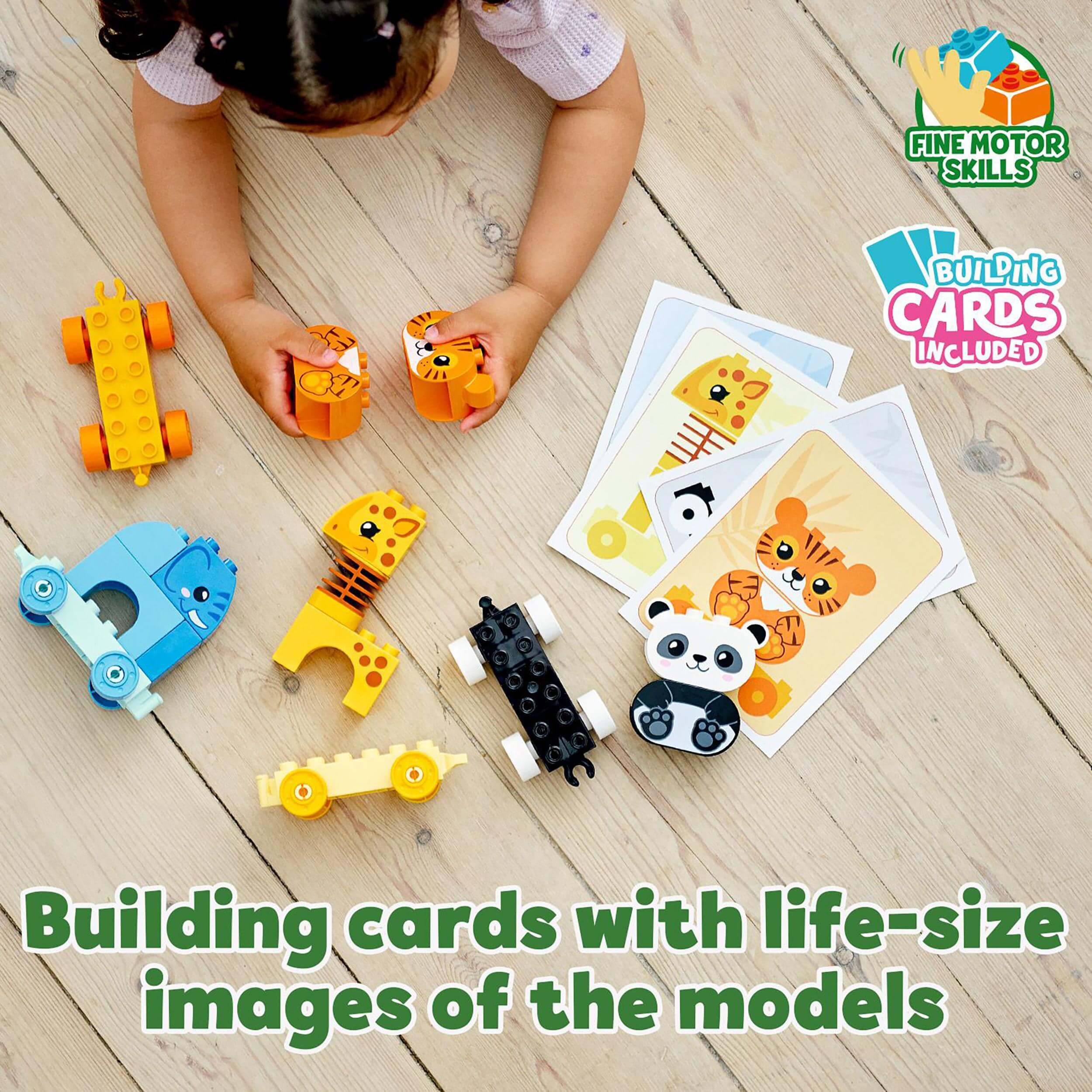 Child playing with LEGO® DUPLO Animal Train pieces and building cards for developmental fun and fine motor skills.