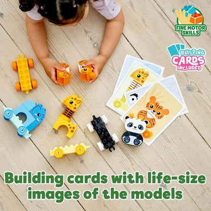 Child playing with LEGO® DUPLO Animal Train pieces and building cards for developmental fun and fine motor skills.