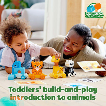 Toddler playing with LEGO DUPLO Animal Train, introducing animals through build-and-play creativity.