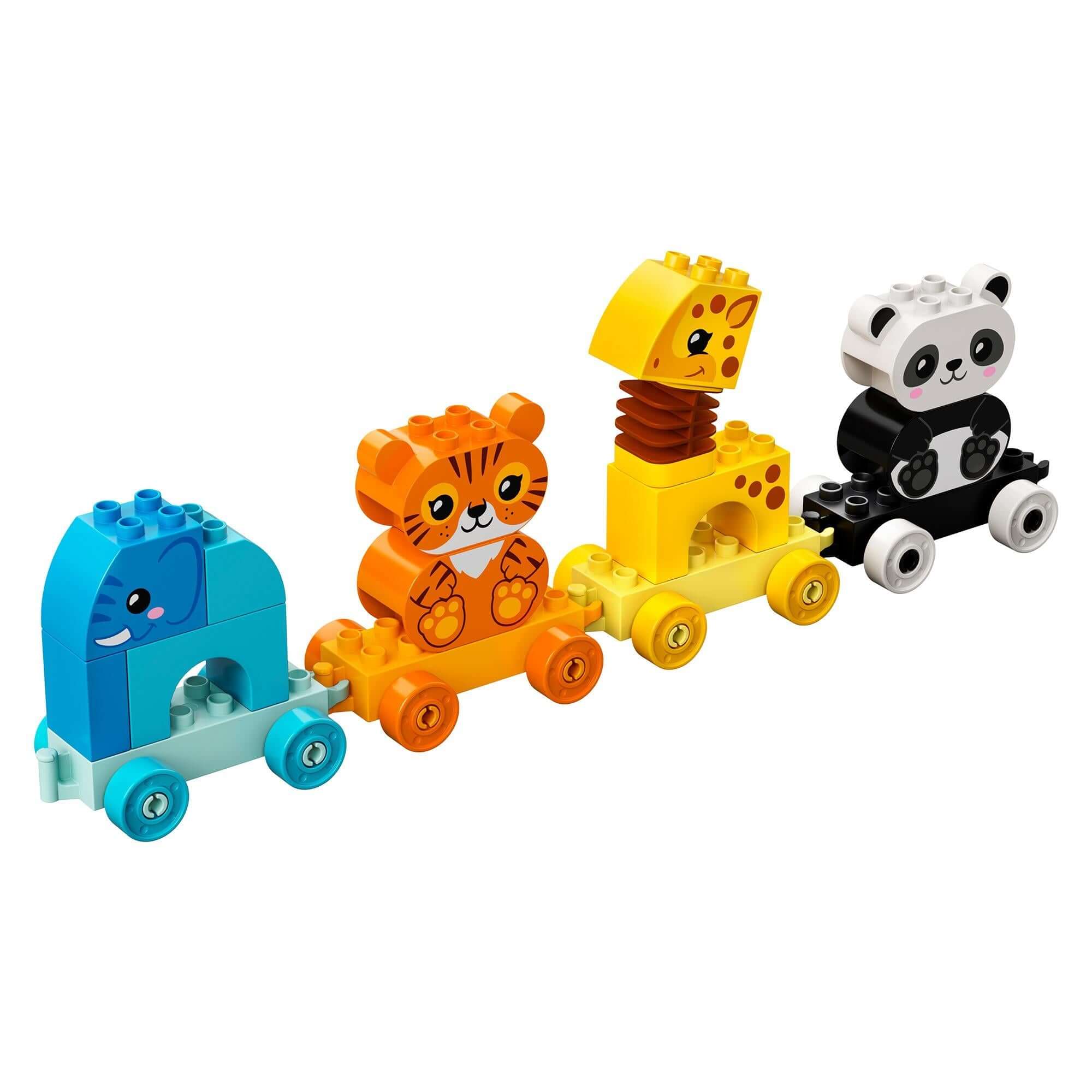 Colorful LEGO DUPLO Animal Train featuring a whale, tiger, giraffe, and panda for toddlers' play and learning.