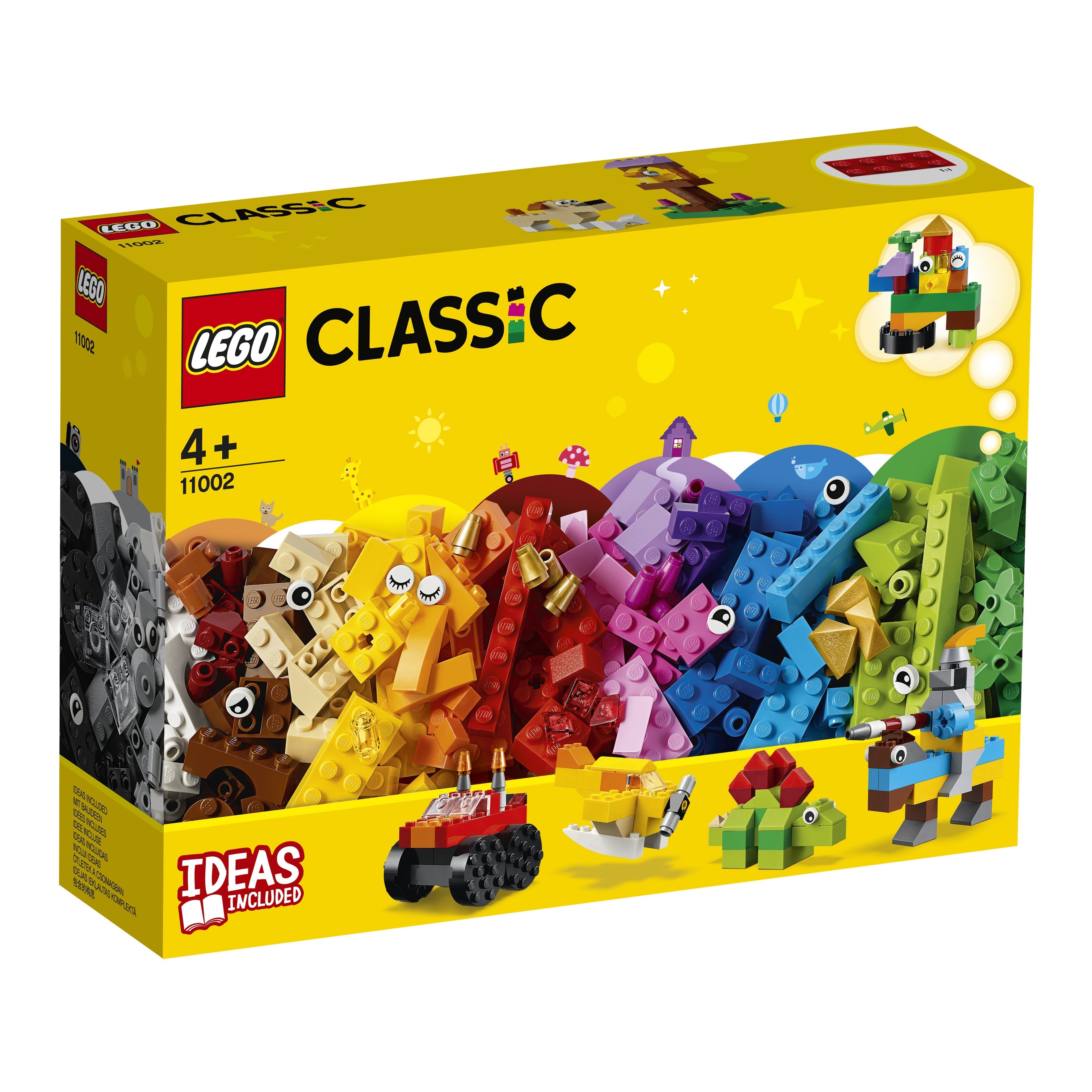 LEGO Classic Basic Brick Set 11002 box showcasing colorful bricks and ideas for building, suitable for ages 4 and up.