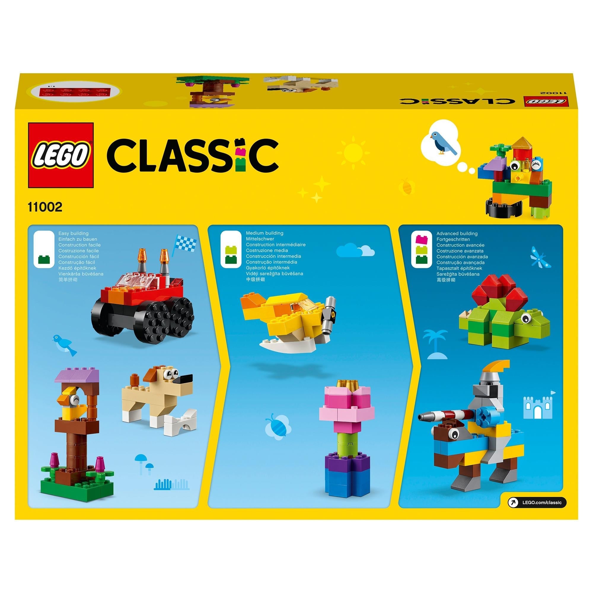 LEGO Classic Basic Brick Set 11002 shows colorful building ideas including a tractor, duck, flower, and animal figures.