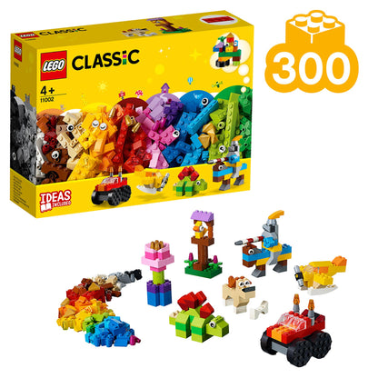 LEGO Classic Basic Brick Set 11002 with 300 colorful pieces, featuring various creative builds for age 4 and up.