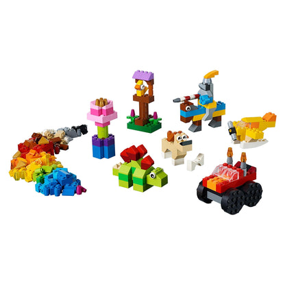 Colorful LEGO Classic Basic Brick Set showing various creations like animals, flowers, and vehicles, perfect for creative building.