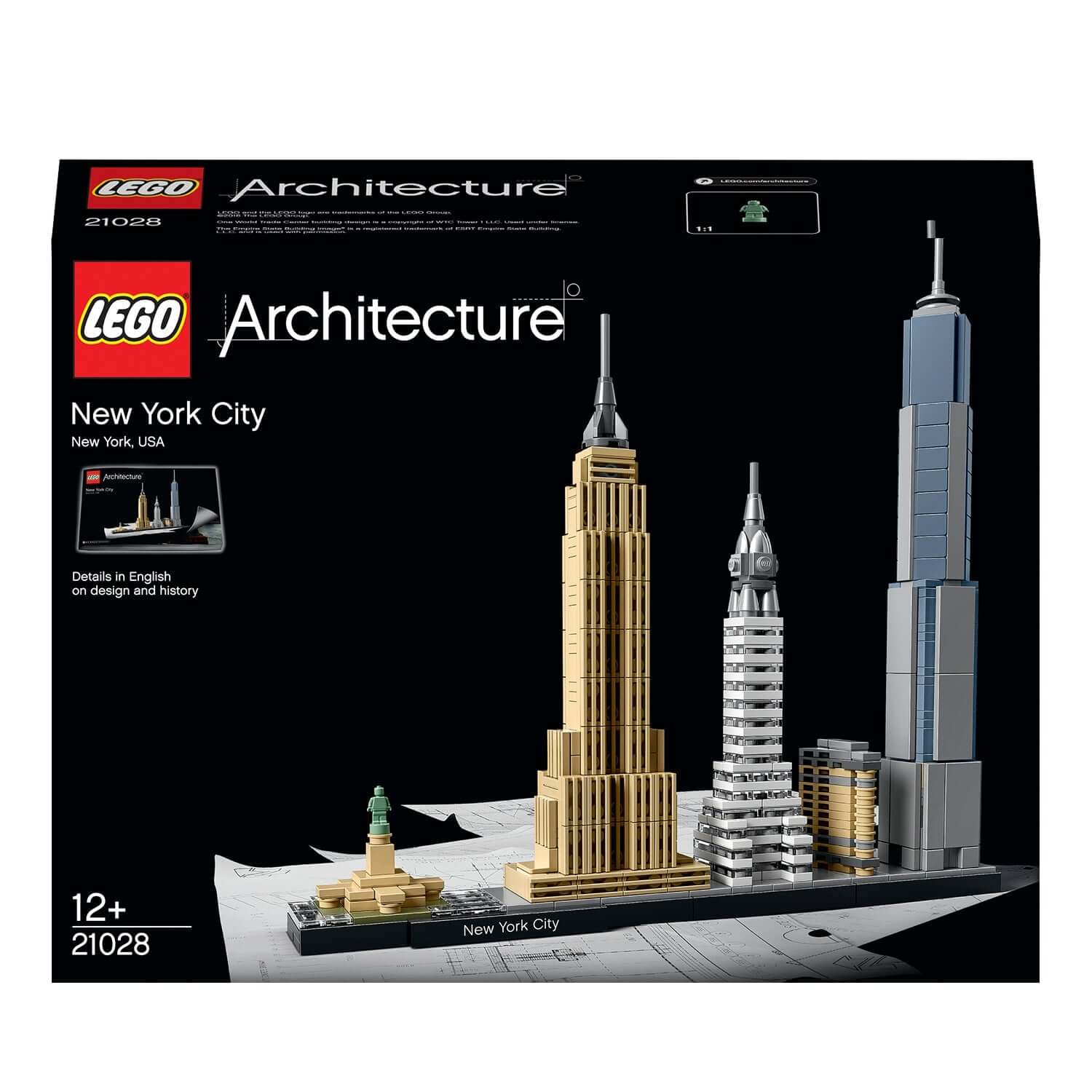 LEGO Architecture New York City set 21028 featuring iconic skyscrapers and landmarks in a detailed design.