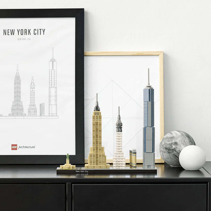 LEGO Architecture New York City skyline model showcasing iconic buildings like the Empire State and One World Trade Center.