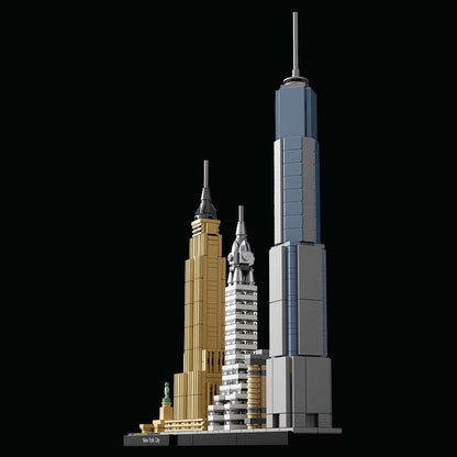 LEGO Architecture New York City skyline model featuring Empire State, Chrysler, and One World Trade Center.