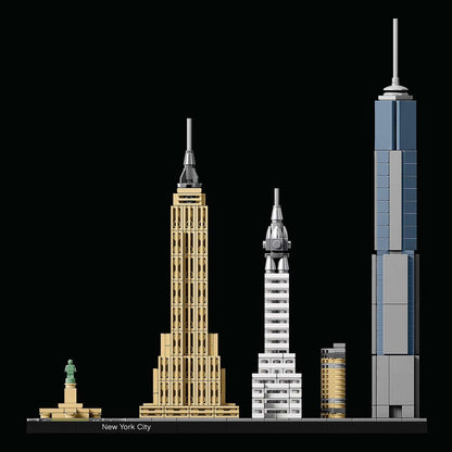 LEGO Architecture New York City skyline set featuring Empire State, Chrysler, and One World Trade Center models.