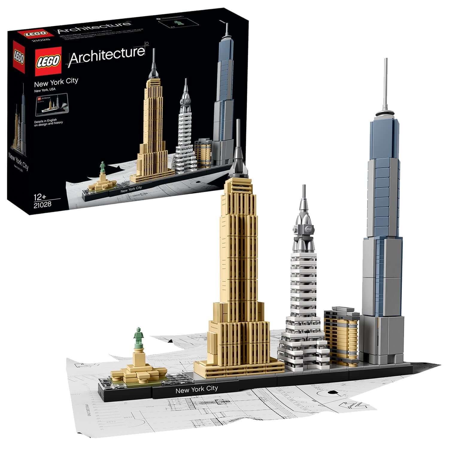 LEGO Architecture New York City Building Set 21028 showcases iconic skyscrapers: Flatiron, Chrysler, Empire State, One World Trade Center.