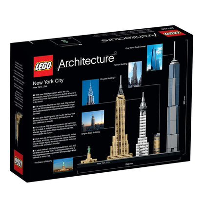 LEGO Architecture New York City set 21028 featuring iconic buildings like Empire State and One World Trade Center.