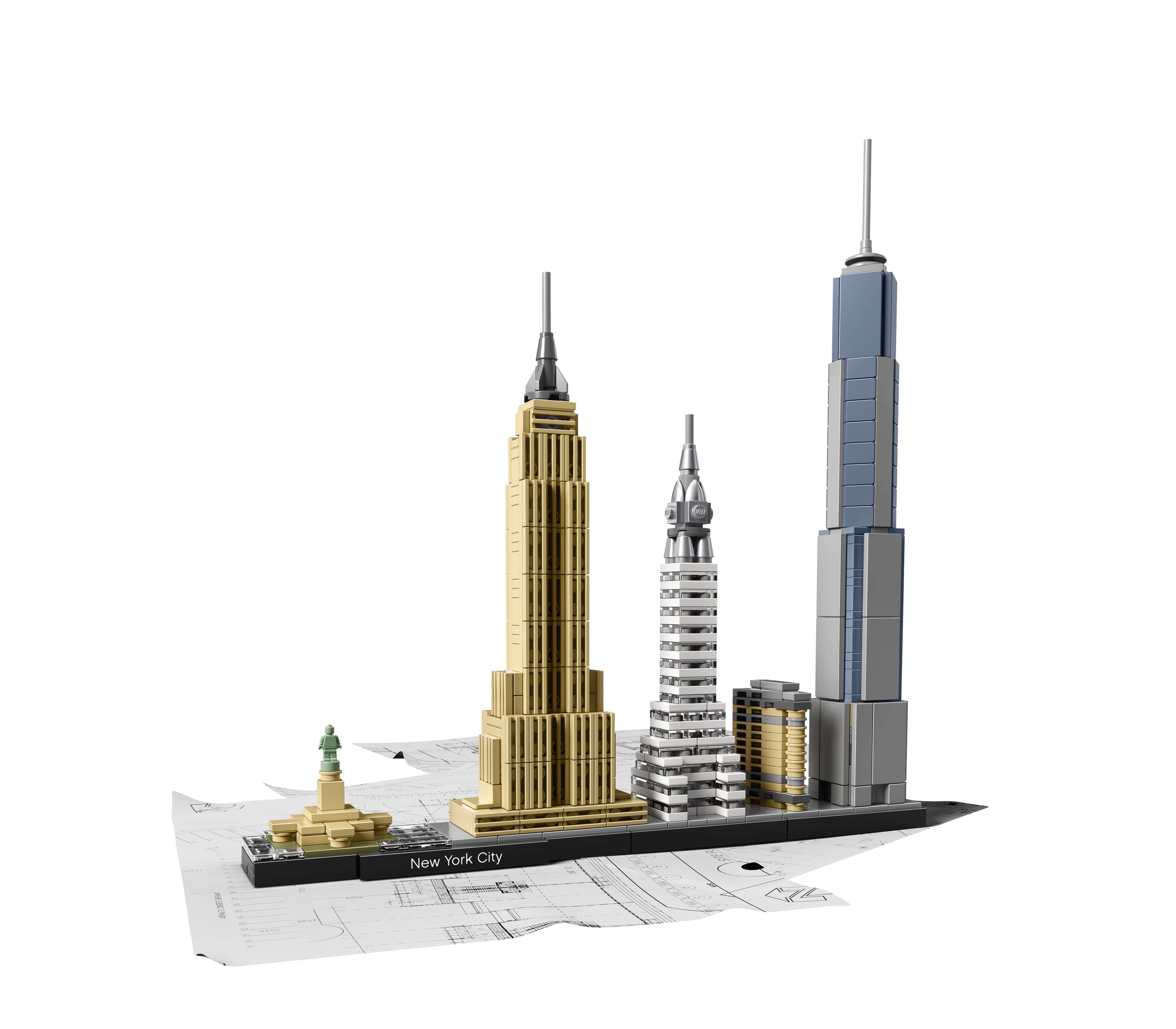 LEGO Architecture New York City set 21028 featuring iconic buildings like Empire State and One World Trade Center.