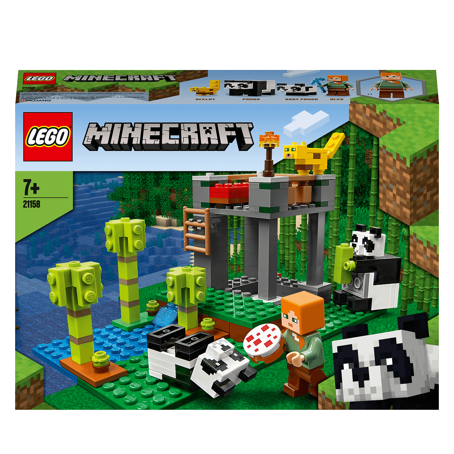 LEGO® Minecraft Panda Nursery Building Set 21158 featuring pandas, nursery, and a builder by a stream.